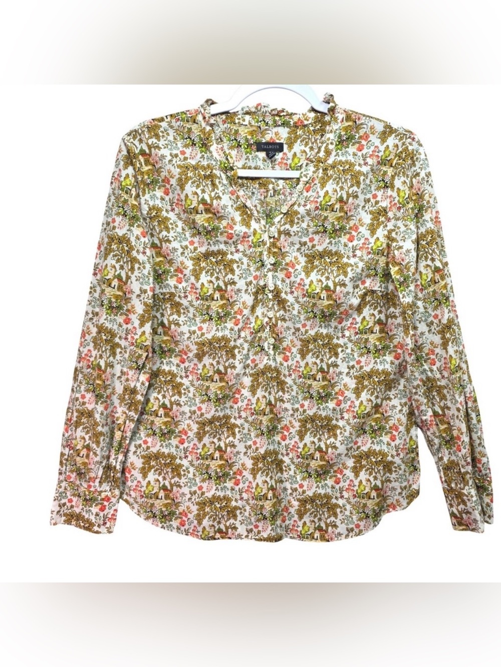 Talbots Petite Toile Multicolor Floral Woven 100% Cotton V-Neck Button Blouse P
